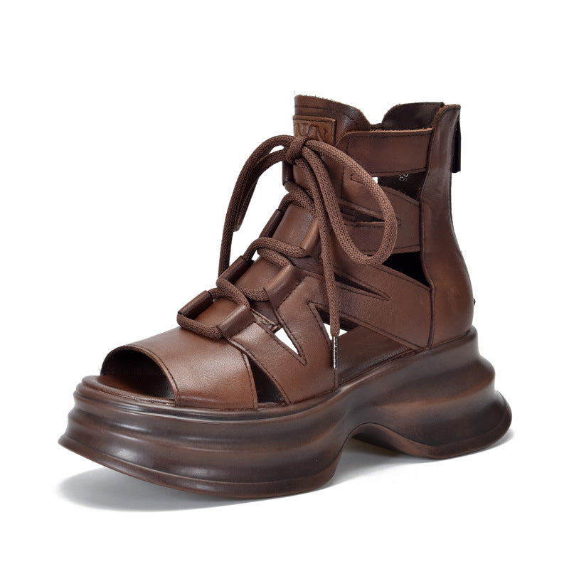 Damen modische Plateau-Sandalen mit durchlässigem Leder und innovativem Schnürsystem EB