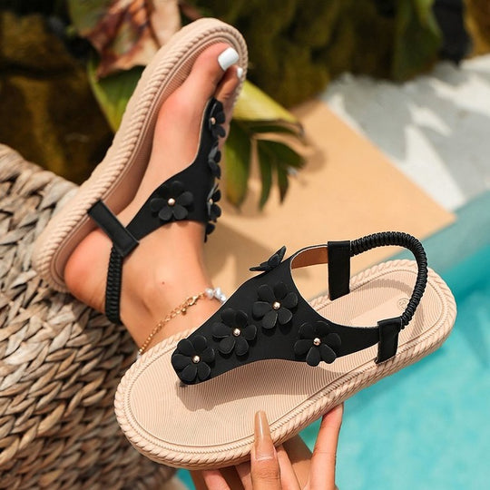 Damen komfortable Zehentrenner-Sandalen mit floralen Applikationen EB