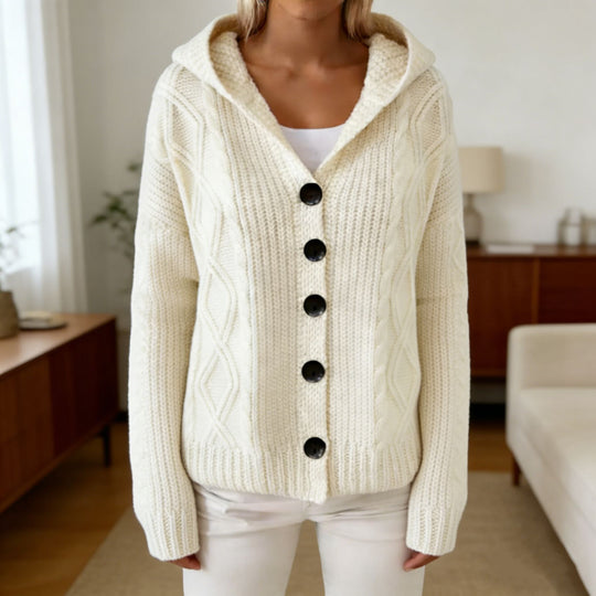 Damen Kapuzen-Cardigan aus grobem Zopfstrick mit Knopfverschluss EB