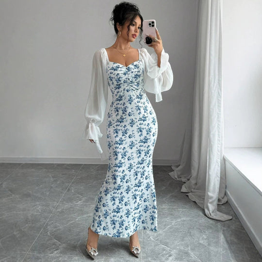 Damen Maxikleid mit floralem Print und elegantem Chiffonüberwurf EB