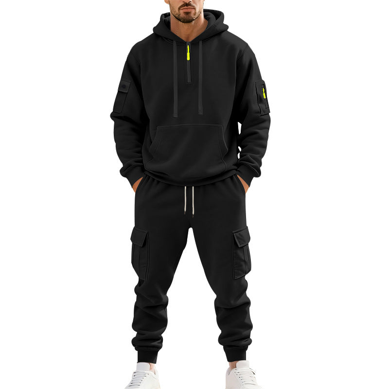 Herren nan zweiteiliges Utility-Freizeitset Hoodie mit halbhohem Reißverschluss, Ärmeltasche und Cargo-Jogginghose mit Klappentaschen EB