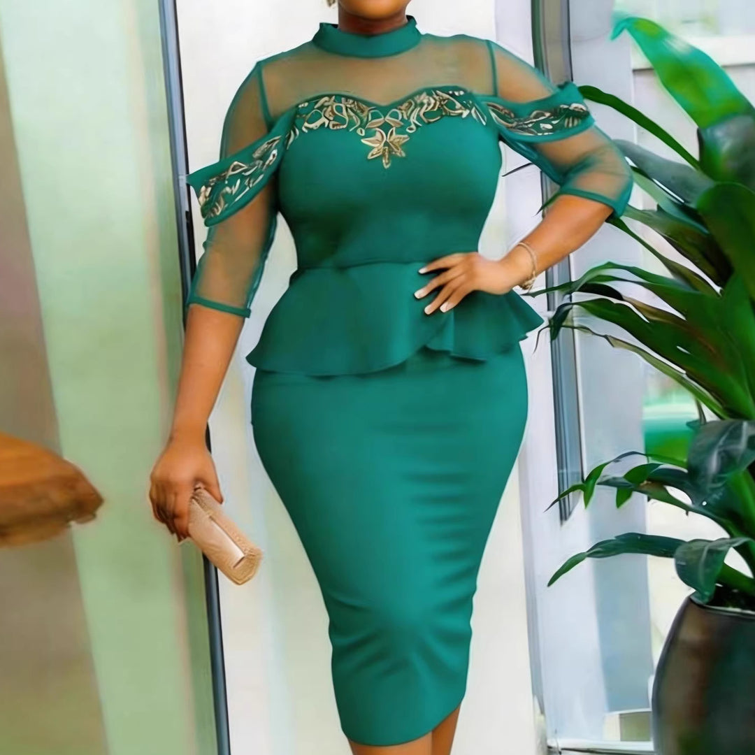 Damen figurbetontes Kleid mit transparenten Ärmeln und raffiniertem Tüllüberwurf EB