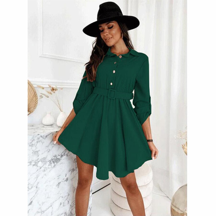 Damen Knielanges Hemdblusenkleid mit Taillengürtel und eleganten Details EB