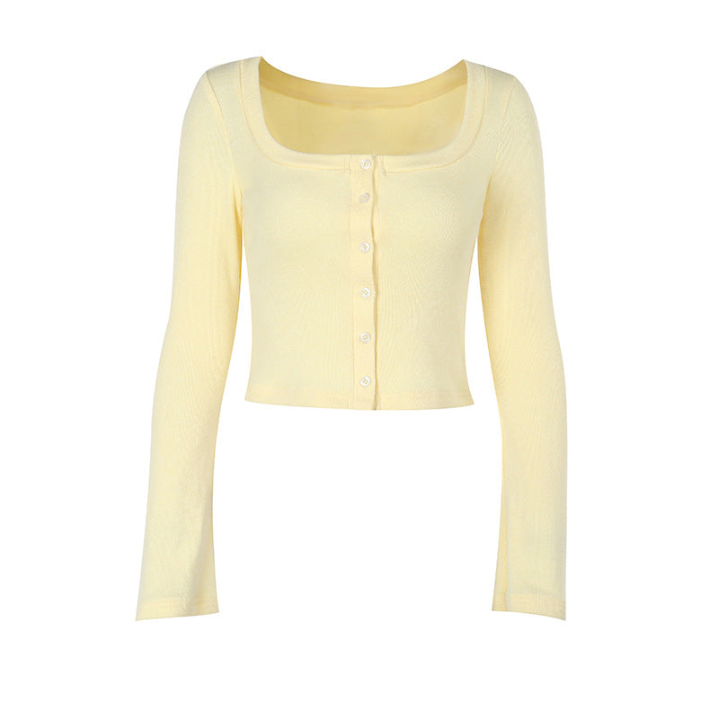 Damen Cropped Langarmshirt mit Knopfleiste und weitem Ausschnitt EB