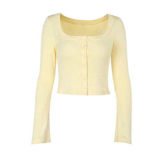 Damen Cropped Langarmshirt mit Knopfleiste und weitem Ausschnitt EB