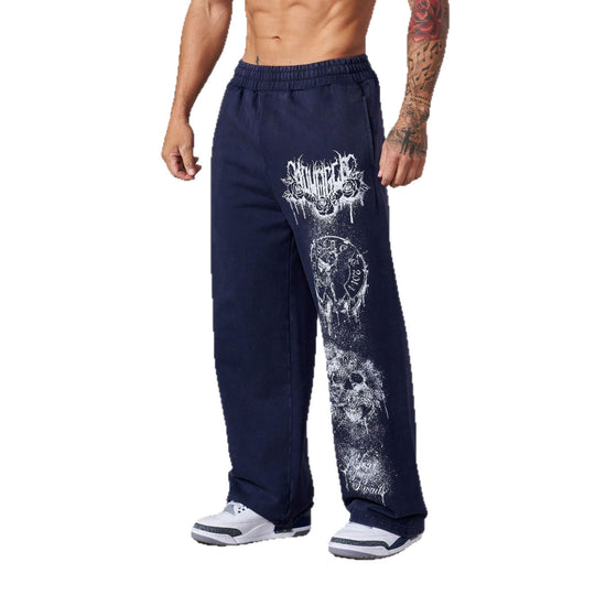 Herren nan weite Jogginghose mit elastischem Bund, Seitentaschen und detailreichem Schädel- und Rosenmotiv EB