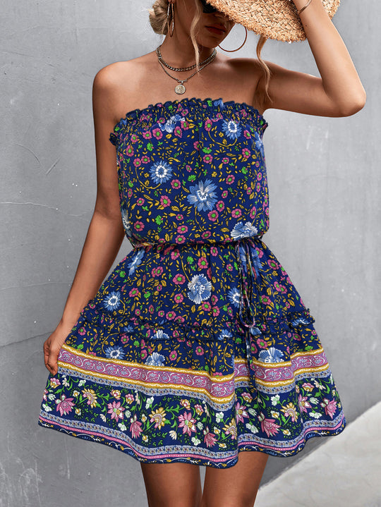 Damen Schulterfreies Minikleid mit buntem Blumenmuster und elastischem Taillenbund EB