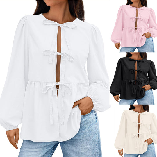 Damen Bluse mit Schleifen-Details und weitem Schnitt EB