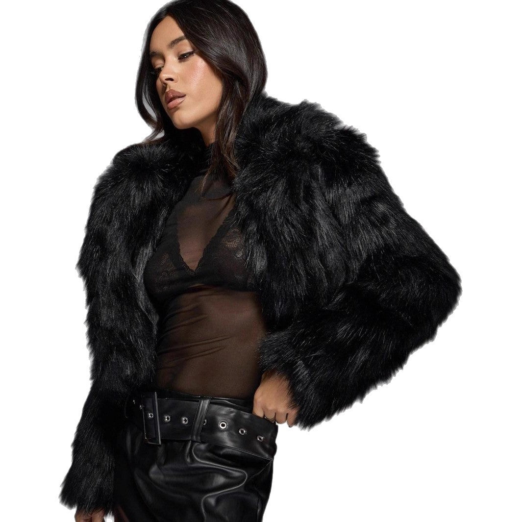 Damen Modische Kurzjacke mit glamourösem Kunstfell EB