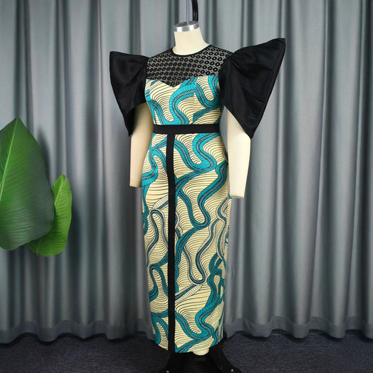 Damen Elegantes Maxikleid mit Volumenärmel und einzigartigem Muster EB