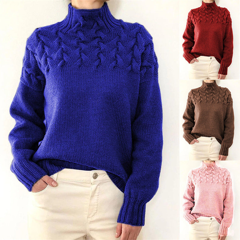 Damen Strickpullover mit dekorativem Zopfmuster und hohem Kragen EB