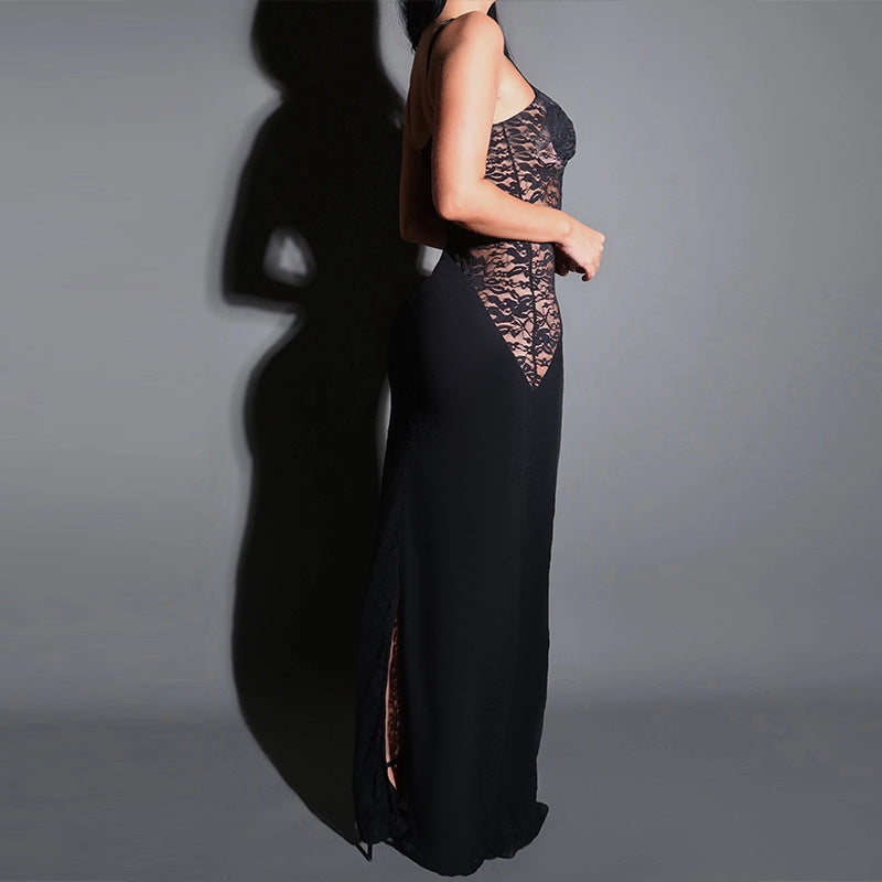 Damen elegantes Spitzenkleid mit figurbetontem Unterteil und verführerischem Oberteil EB