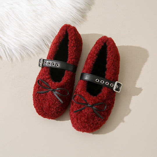 Damen Ballerinas aus kuscheligem Stoff mit verstellbarem Riemen und Schleifen-Applikation EB