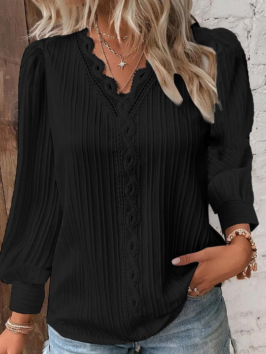Damen nan romantische V-Ausschnitt Spitzenbluse mit Plissee und Puffärmeln EB
