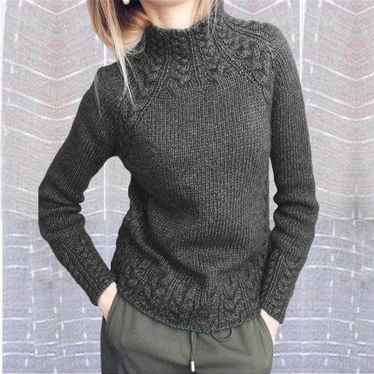 Damen nan grobgestrickter Zopfmuster-Pullover mit Stehkragen und tailliertem Schnitt EB