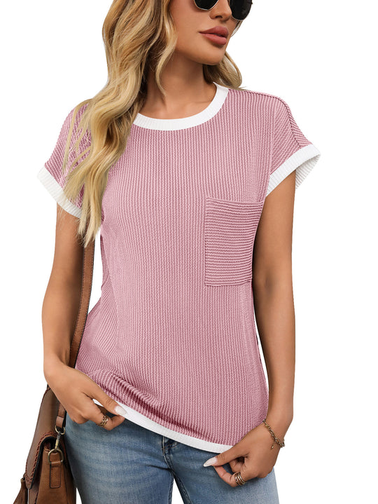 EB | Gestricktes kontrastierendes T-Shirt mit Rundhalsausschnitt