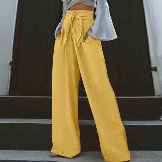 Damen nan weite High-Waist Leinenhose mit Bindegürtel und Eingrifftaschen EB