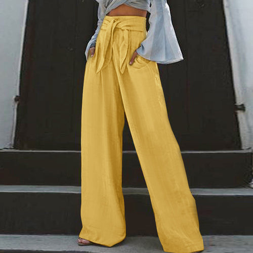 Damen nan weite High-Waist Leinenhose mit Bindegürtel und Eingrifftaschen EB