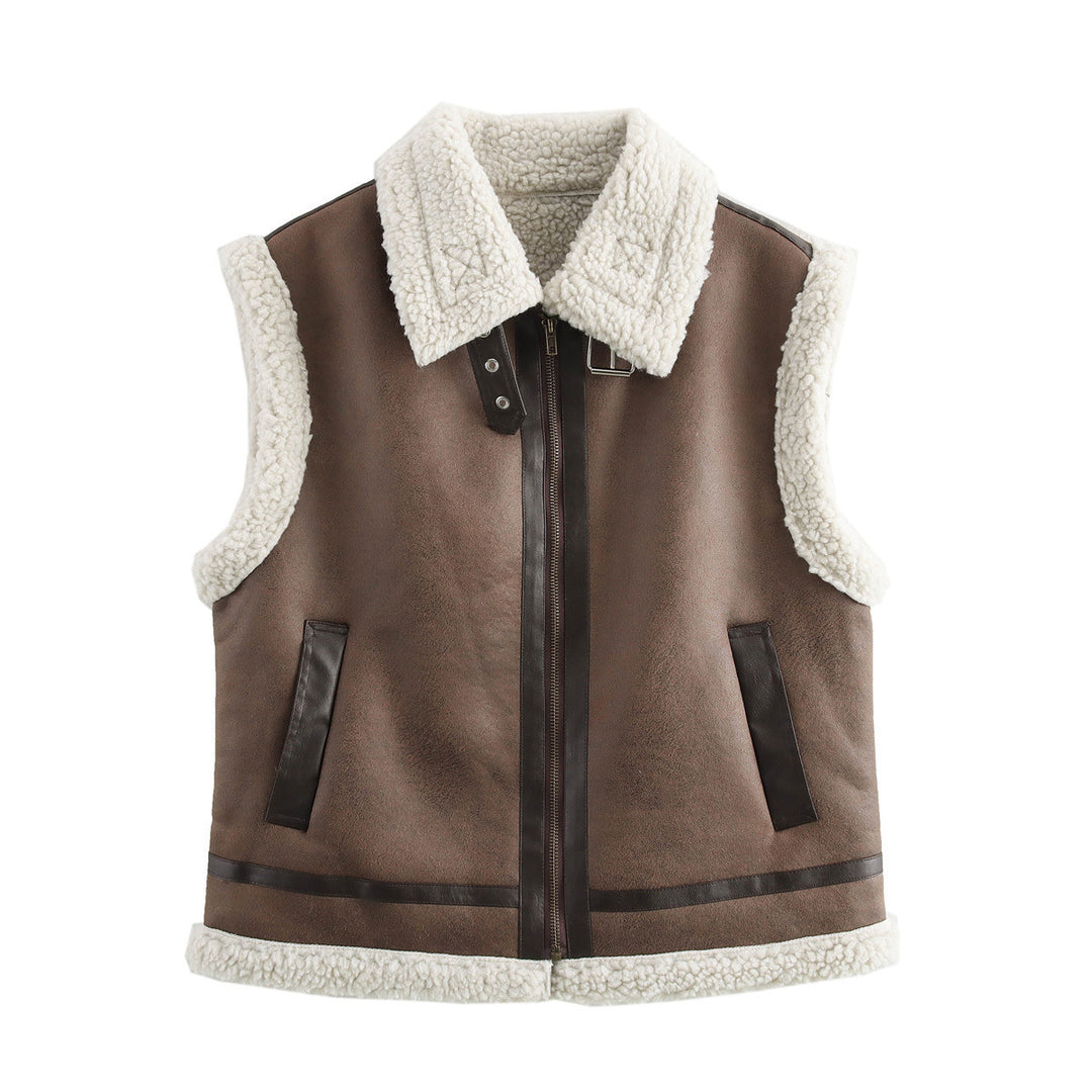 Damen Teddyweste mit hohem Kragen und Kunstlederelementen EB