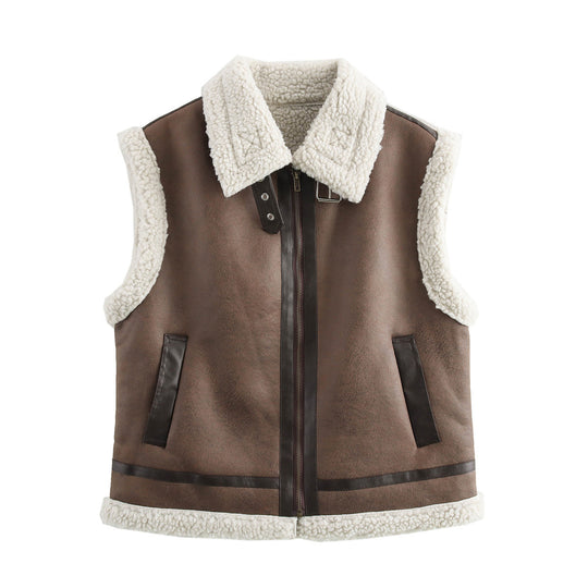 Damen Teddyweste mit hohem Kragen und Kunstlederelementen EB