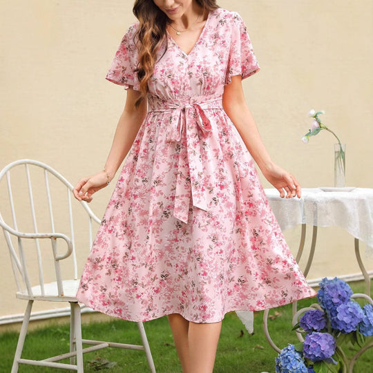 Damen Blütenmuster Wickelkleid mit Taillengürtel EB