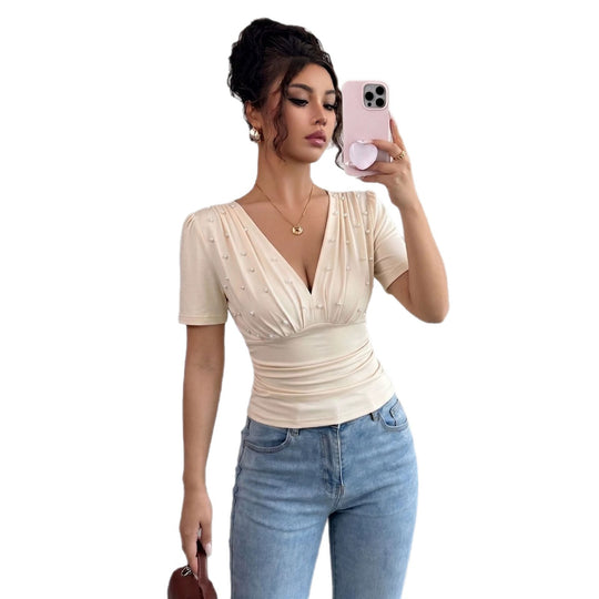 Damen nan tailliertes Drapiertes Kurzarmtop mit Perlenbesatz und V-Ausschnitt EB