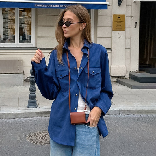 Damen Lässige Oversized-Hemdjacke mit Taschen und modischen Details EB