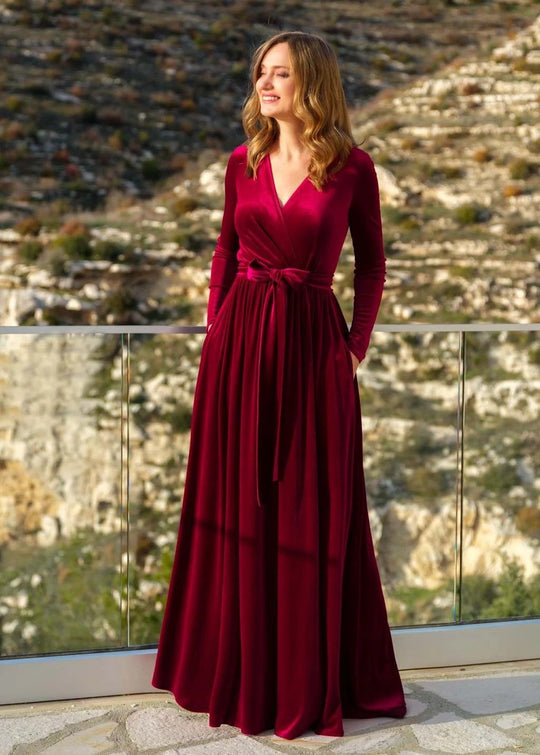Damen nan elegantes Wickelmaxikleid aus Samt mit V-Ausschnitt, Taillengürtel und seitlichen Eingrifftaschen EB