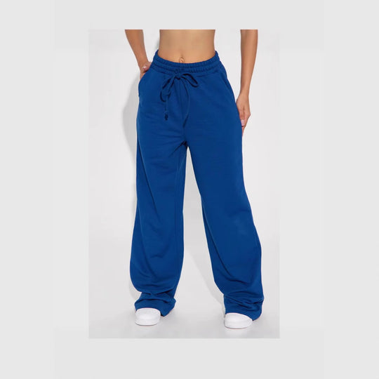Damen nan breite High-Waist Loungehose aus weichem Baumwollmix mit Kordelzug und Eingrifftaschen EB