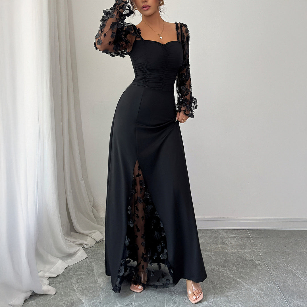 Damen Elegantes Maxikleid mit raffinierten Rüschendetails und transparenter Unterlage EB