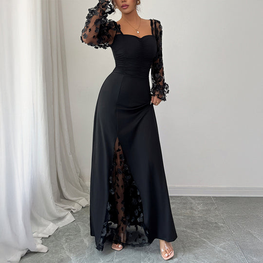 Damen Elegantes Maxikleid mit raffinierten Rüschendetails und transparenter Unterlage EB