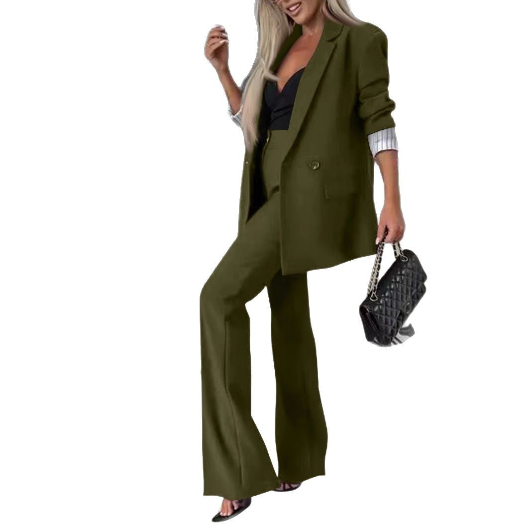 Damen elegantes und modernes Anzug-Set mit weitem Hosenbein und tailliertem Blazer EB