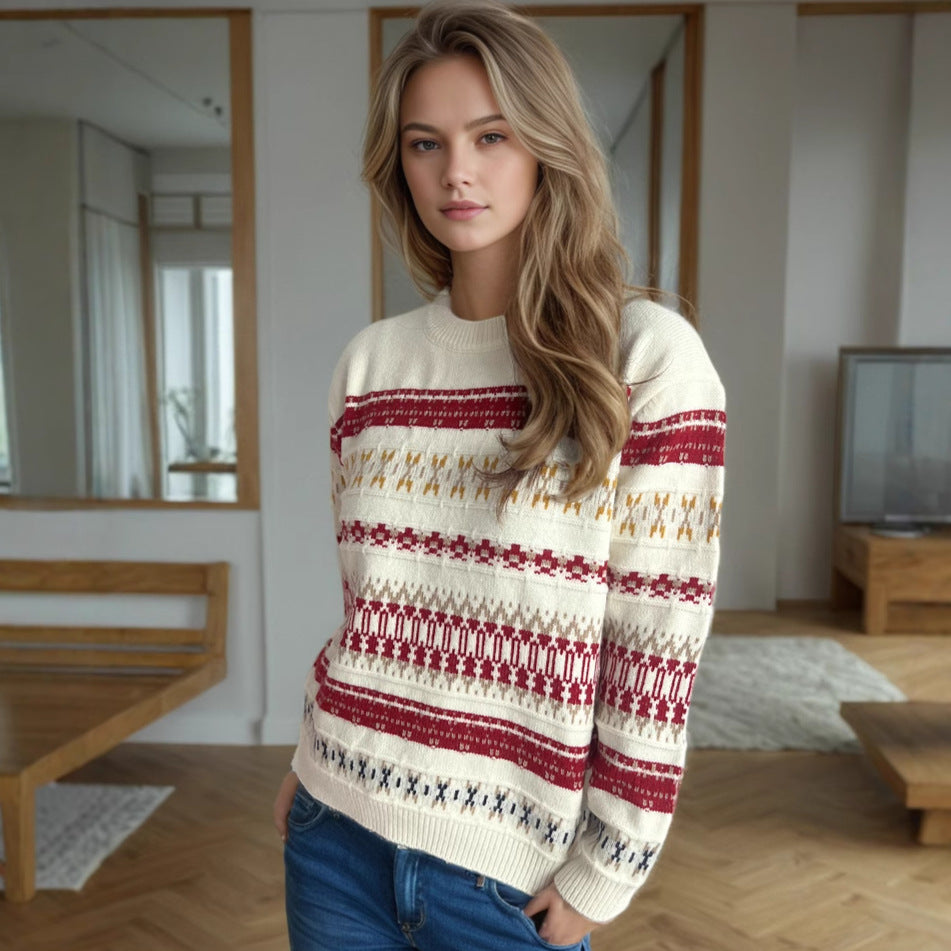 Damen Kuscheliger Strickpullover mit folkloristischem Muster und hohem Kragen EB