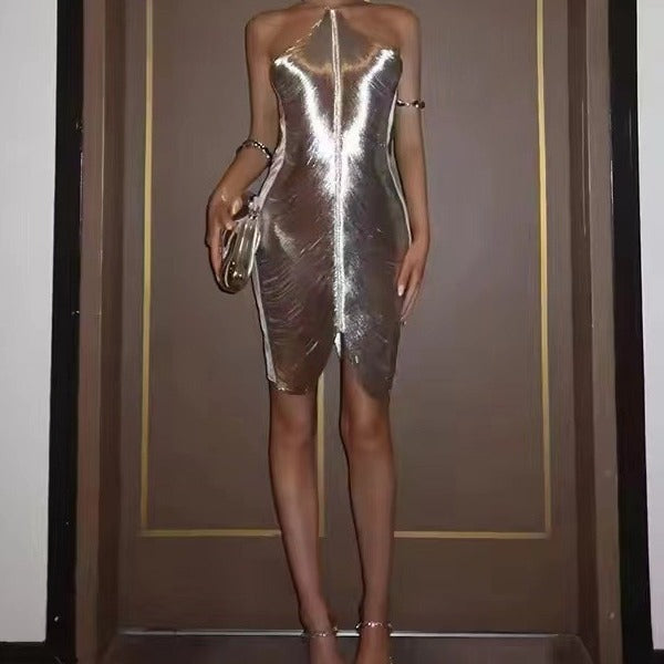 Damen Elegantes Partykleid mit verführerischem Schlitz und goldenen Akzenten EB