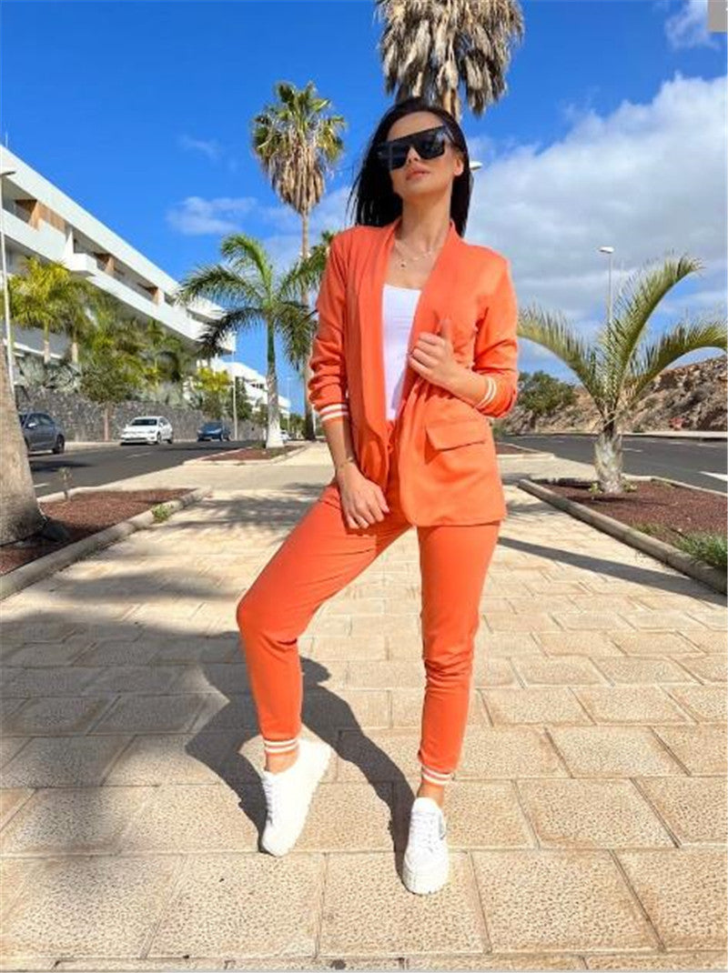 Damen nan sportlich-elegantes Blazer-Jogginghose Zweiteiler mit elastischem Bund und Bündchen EB