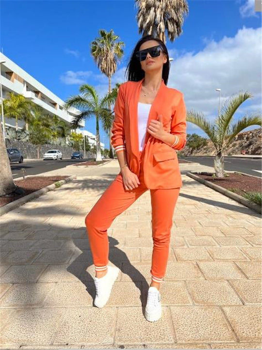 Damen nan sportlich-elegantes Blazer-Jogginghose Zweiteiler mit elastischem Bund und Bündchen EB