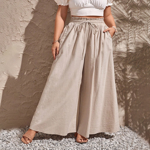 Damen weite Leinenhose mit elastischem Bund und seitlichen Taschen EB