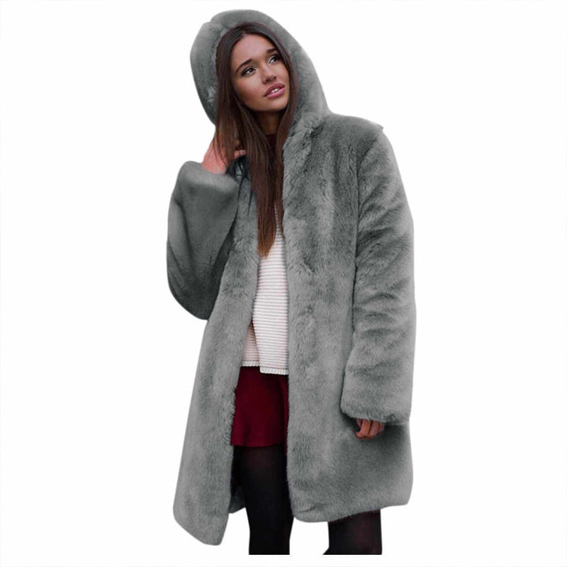 Damen Flauschige Kapuzenjacke aus Kunstfell mit dekorativem Schnitt EB
