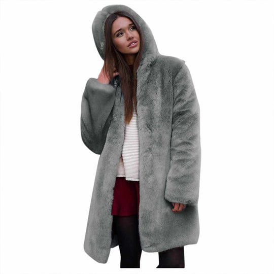 Damen Flauschige Kapuzenjacke aus Kunstfell mit dekorativem Schnitt EB