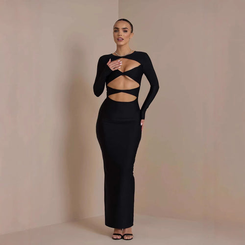 Damen Elegantes Cut-Out-Maxikleid mit langen Ärmeln und tiefem Ausschnitt EB