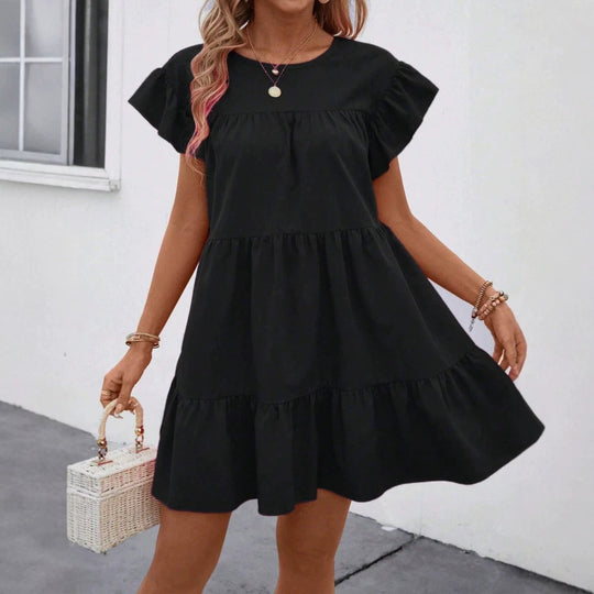 Damen luftiges Minikleid mit voluminösem Volant und lässigem Schnitt EB