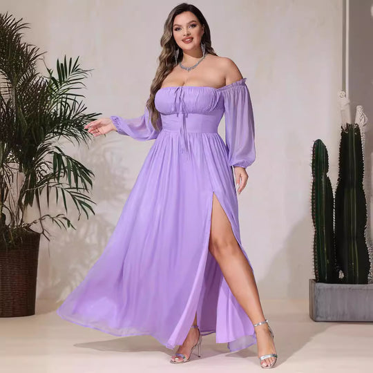 Damen Off-Shoulder Maxikleid mit hohem Schlitz und Rüschendetails EB