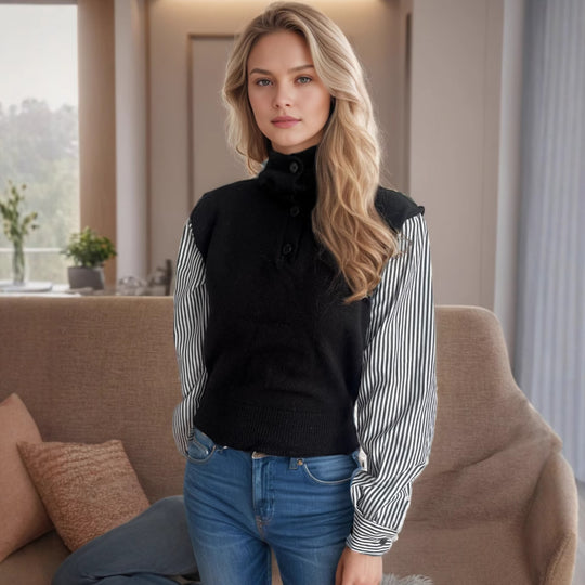 Damen Strickpullover mit modernem Kragen und eleganten gestreiften Ärmeln EB