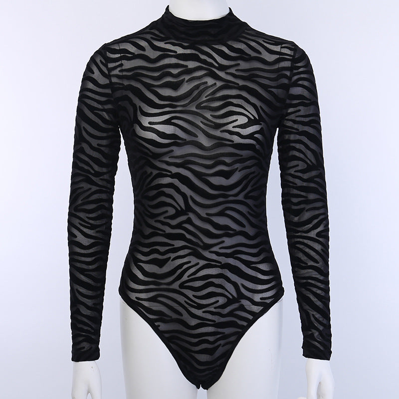 Damen eleganter und transparenter Langarm-Bodysuit mit Zebra-Design EB