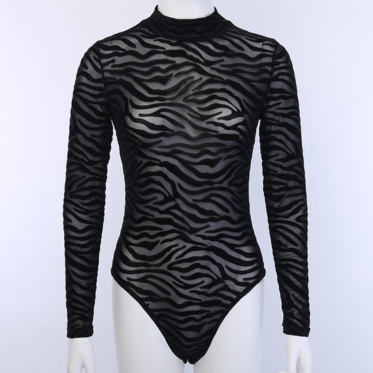 Damen eleganter und transparenter Langarm-Bodysuit mit Zebra-Design EB