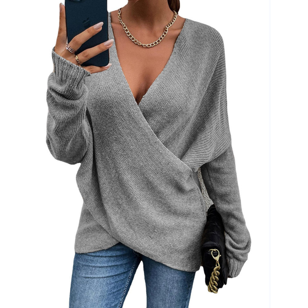Damen Oversize Strickpullover mit V-Ausschnitt und lässigem Look EB