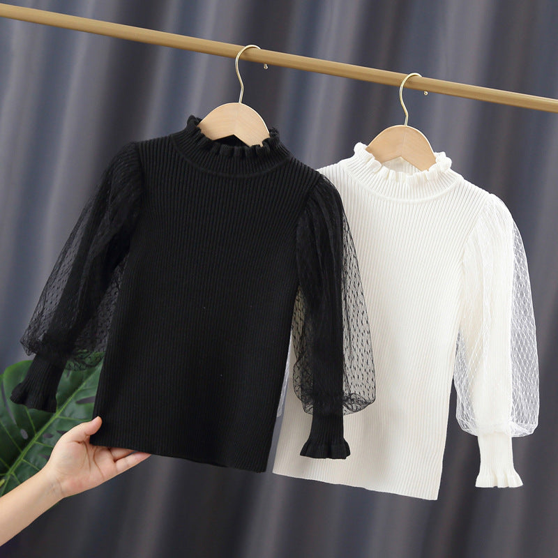 Mädchen elegantes Pullover mit transparenter Spitzenärmel EB