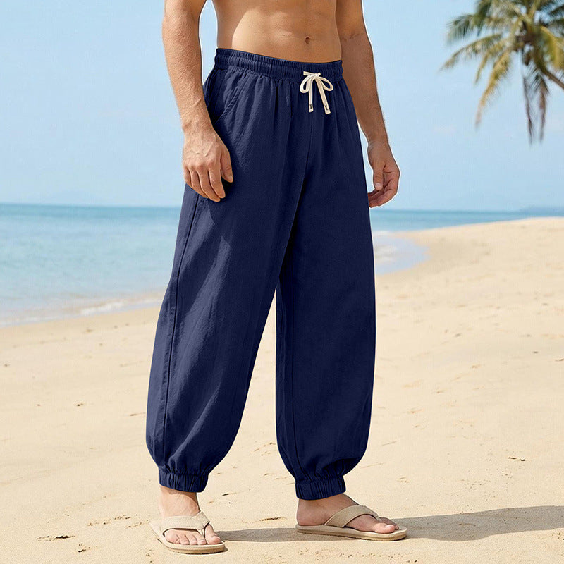 Herren Weite Leinenoptik-Strandhose mit Kordelzug, elastischem Bund und gerafften Beinabschlüssen EB