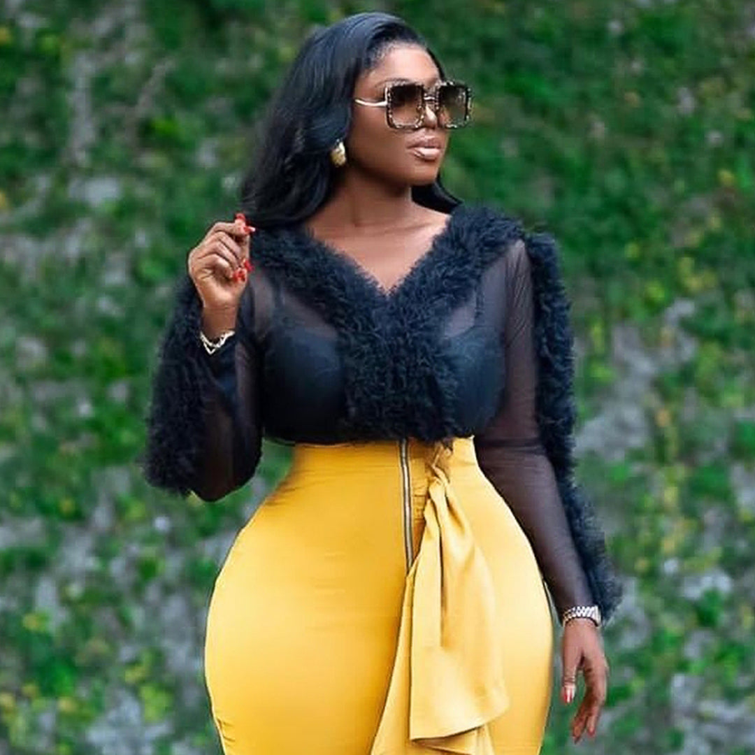 Damen transparente Bluse mit voluminösen Rüschen EB