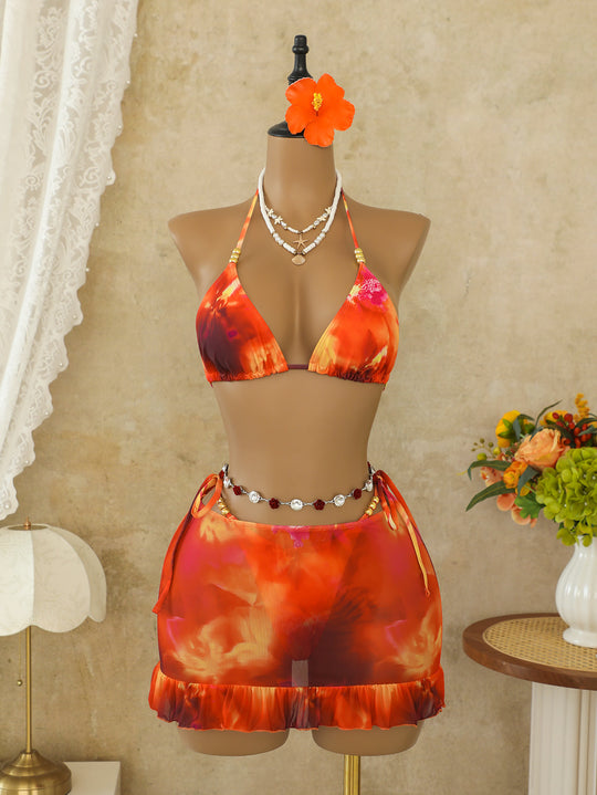 Damen Bikini-Top mit verzierten Bändern und passendem Wickelrock EB